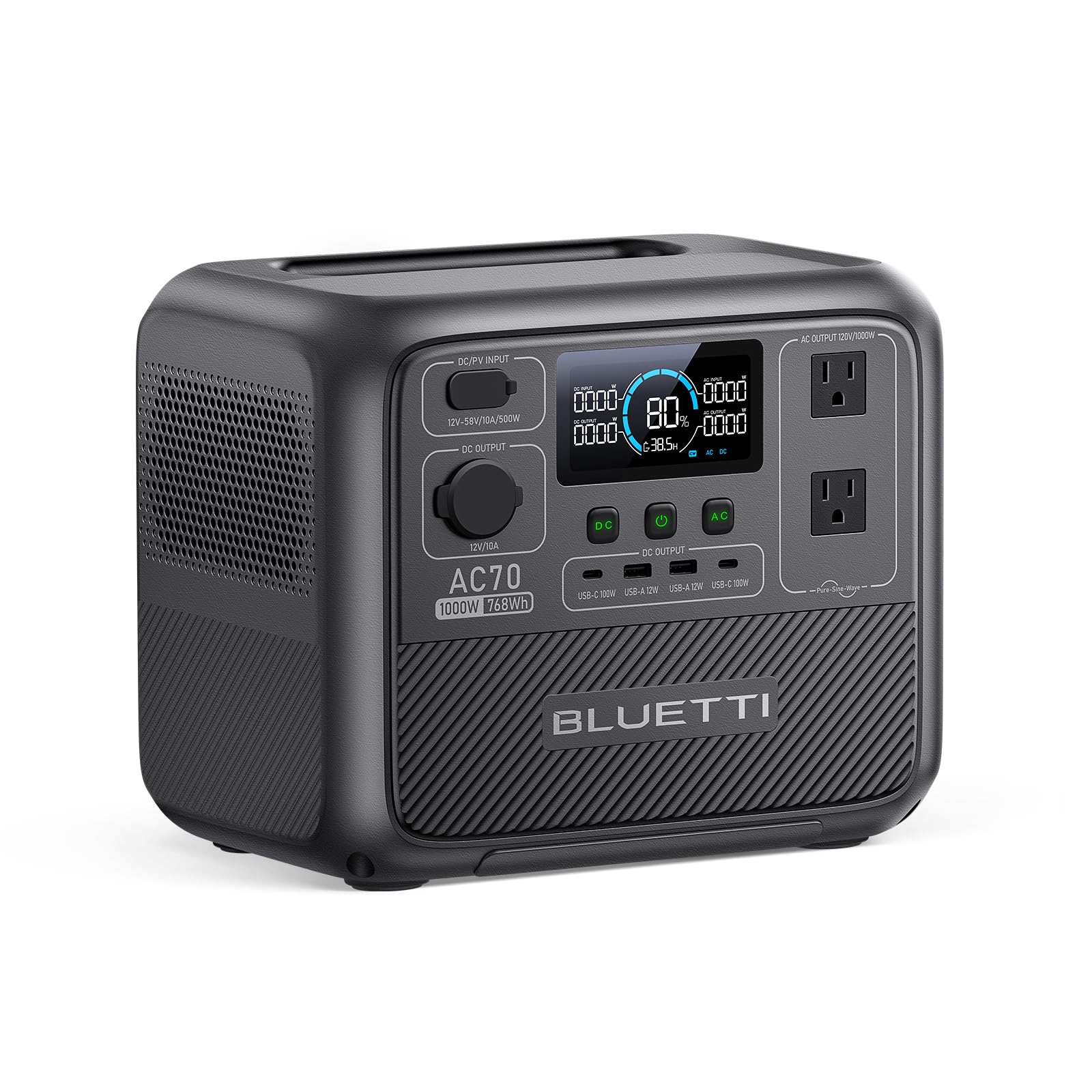 BLUETTI AC70 Portable Power Station, 768Wh Solar Generator w/ 2 1000W AC Outlets (Power Lifting 2000W), 100W Type-C, LiFePO4 Battery Backup for Road Trip, Off-grid, Power Outage (Solar Panel Optional)