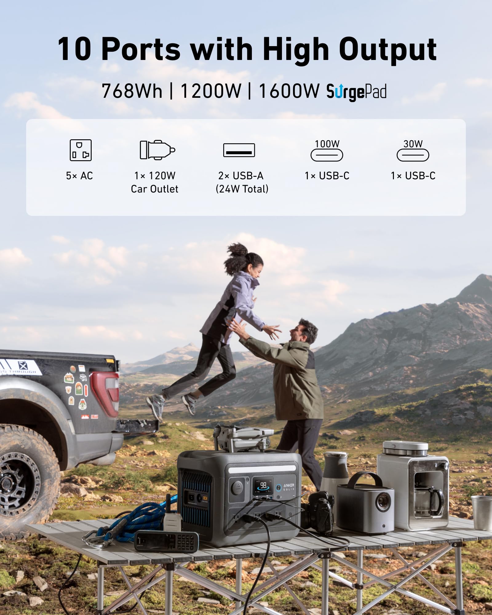 Anker SOLIX C800 Portable Power Station, 1200W (Peak 1600W) Solar Generator, Full Charge in 58 Min, 768Wh LiFePO4 Battery for Outdoor Camping, RVs, Road Trip, and Power Outages (Optional Solar Panel)