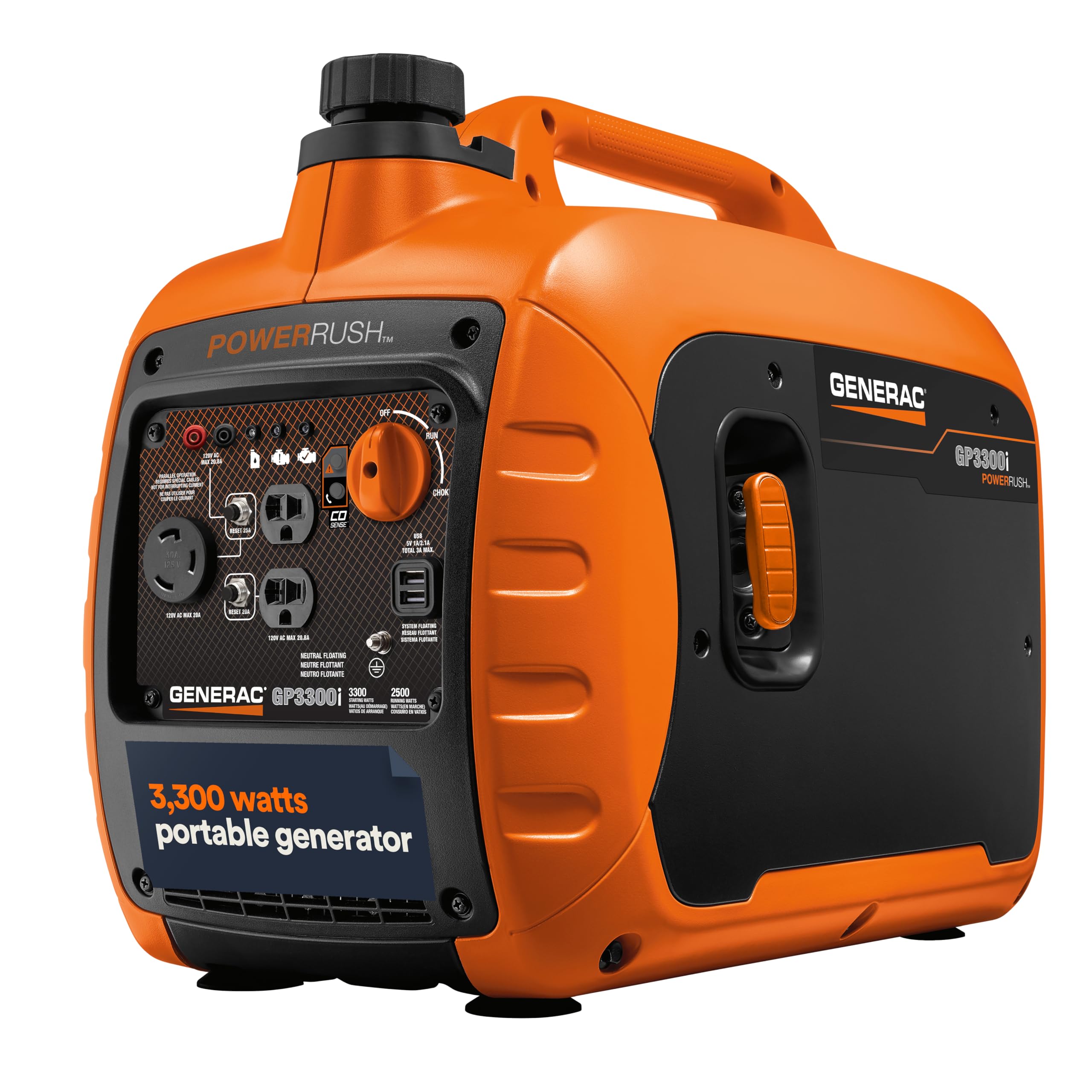 Generac 3,300-Watt Gas Powered Portable Inverter Generator - Lightweight and Compact - USB Ports for Device Charging - Produces Clean, Stable Power - Great for Home Backup, Camping, and RV Use